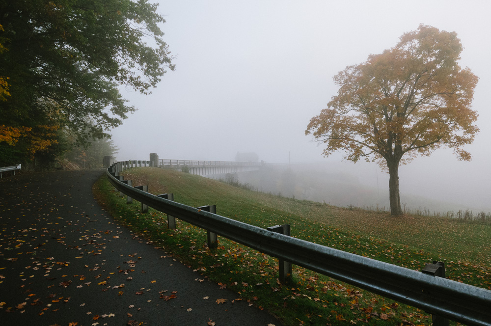 Fog shrouded approach to Surry Dam