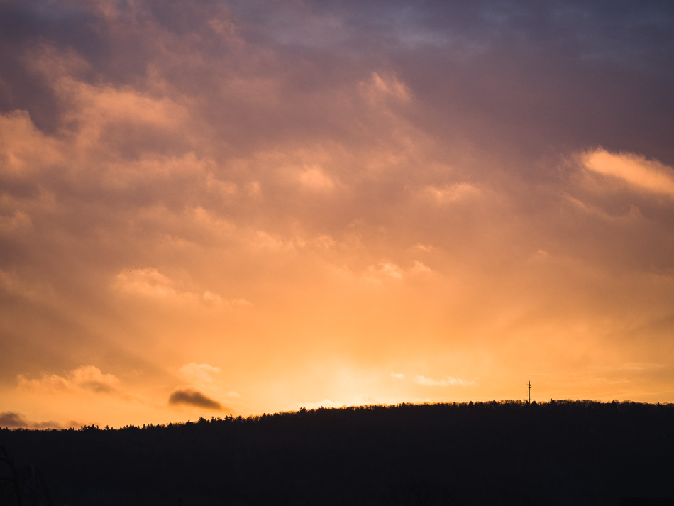 A fiery sky moments before sunrise over Beech Hill in Keene, NH