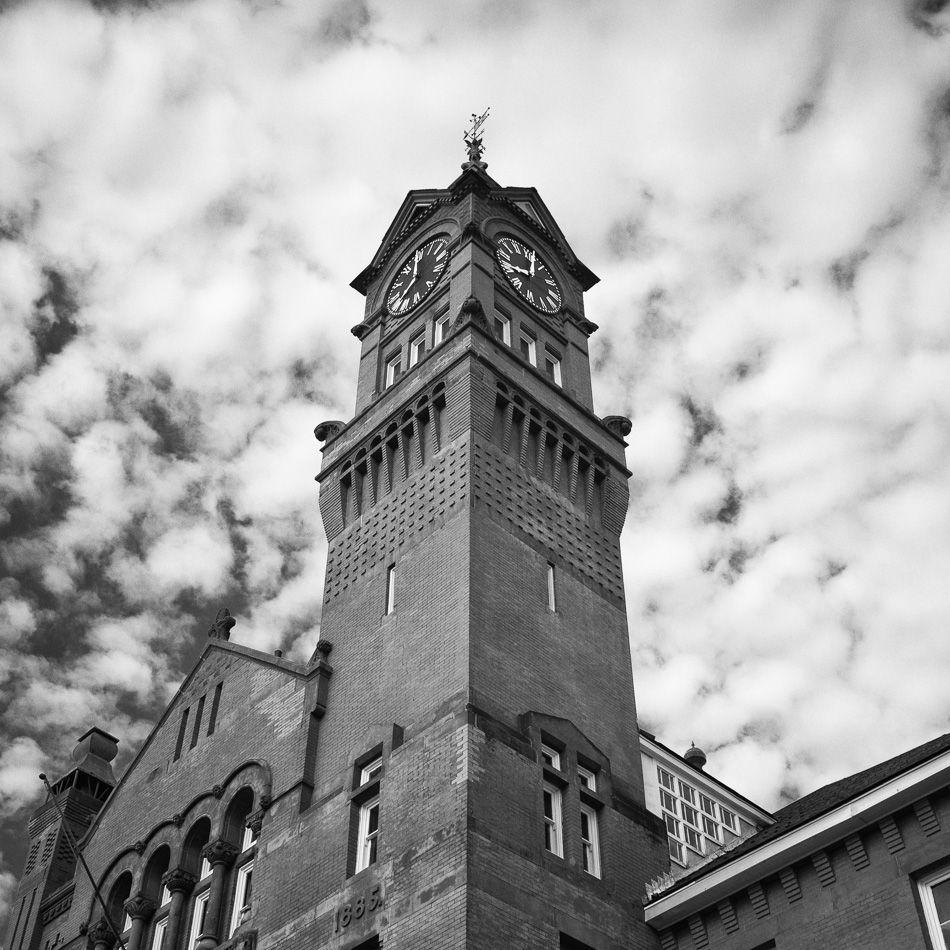 The clock tower of Old Murdock School in Winchendon, MA
