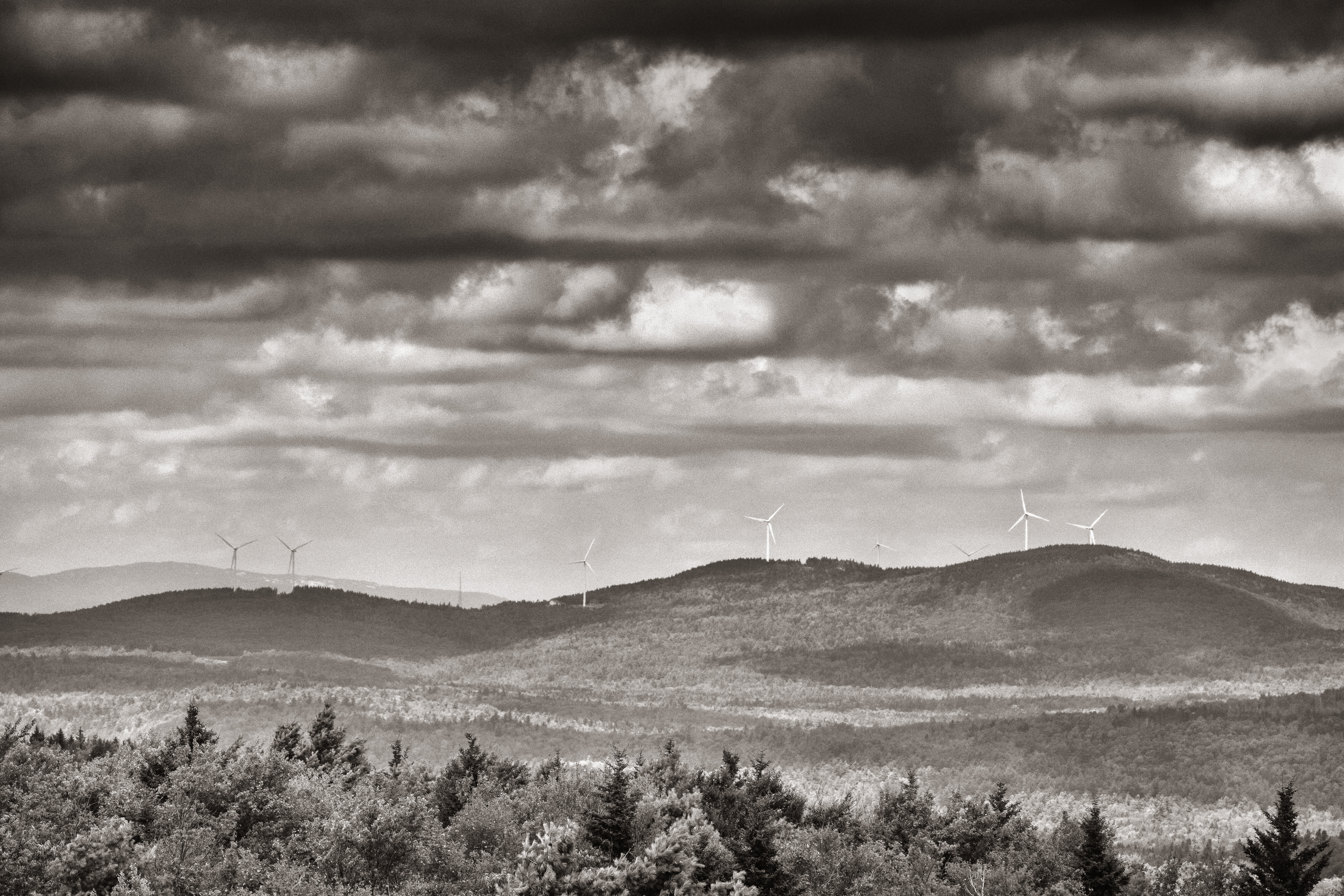 Lempster, NH wind turbines along a ridge, taken from Pitcher Mountain