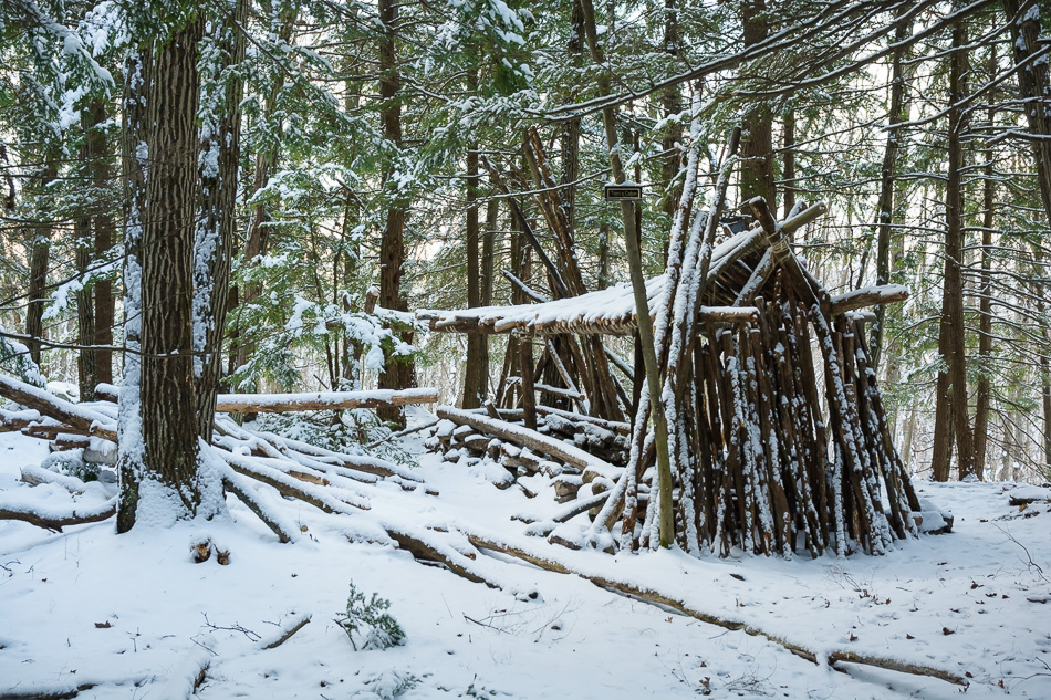 Color photo of Tom's cabin covered in powdery white snow