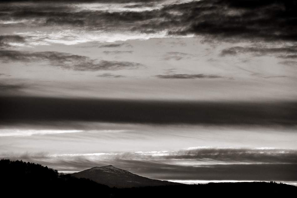 Black and white photo of Mt. Monadnock at sunrise