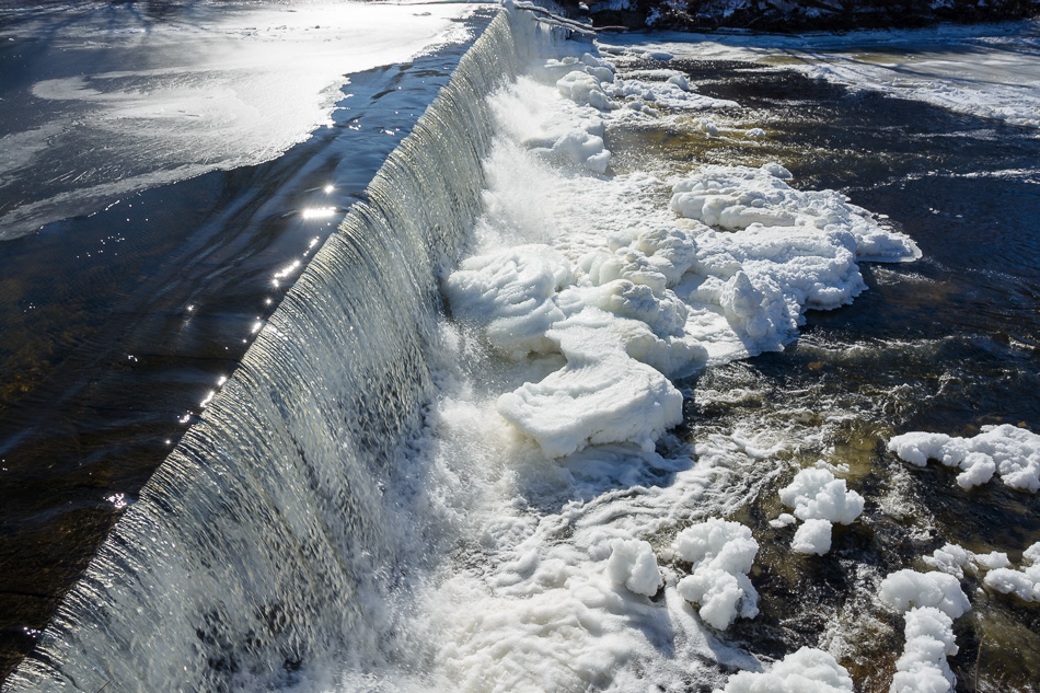 Photo looking down of the ice formations along the Ashuelot River Dam in Keene, NH