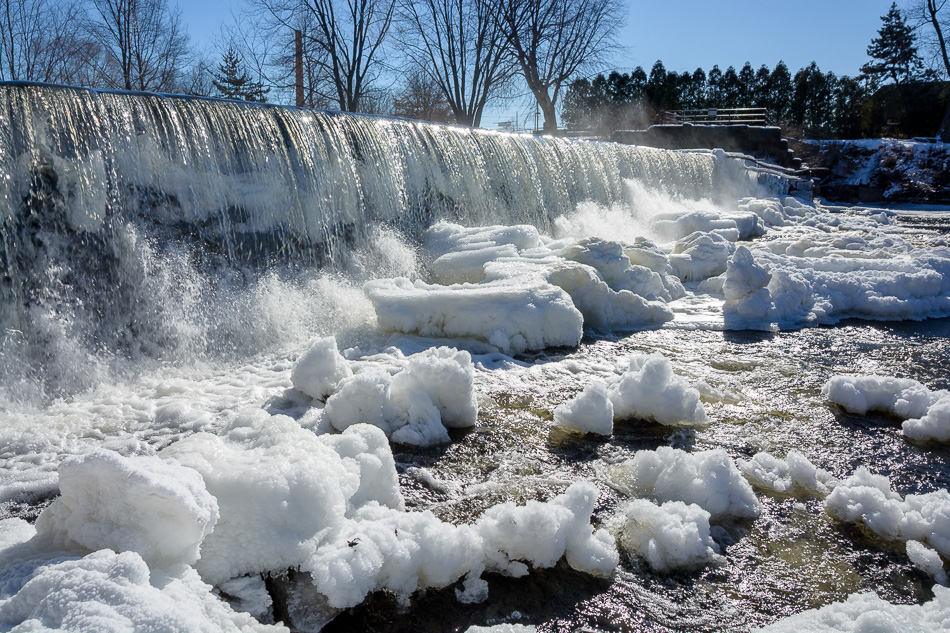 Photo of ice formations along the base of the Ashuelot River Dam in Keene, NH
