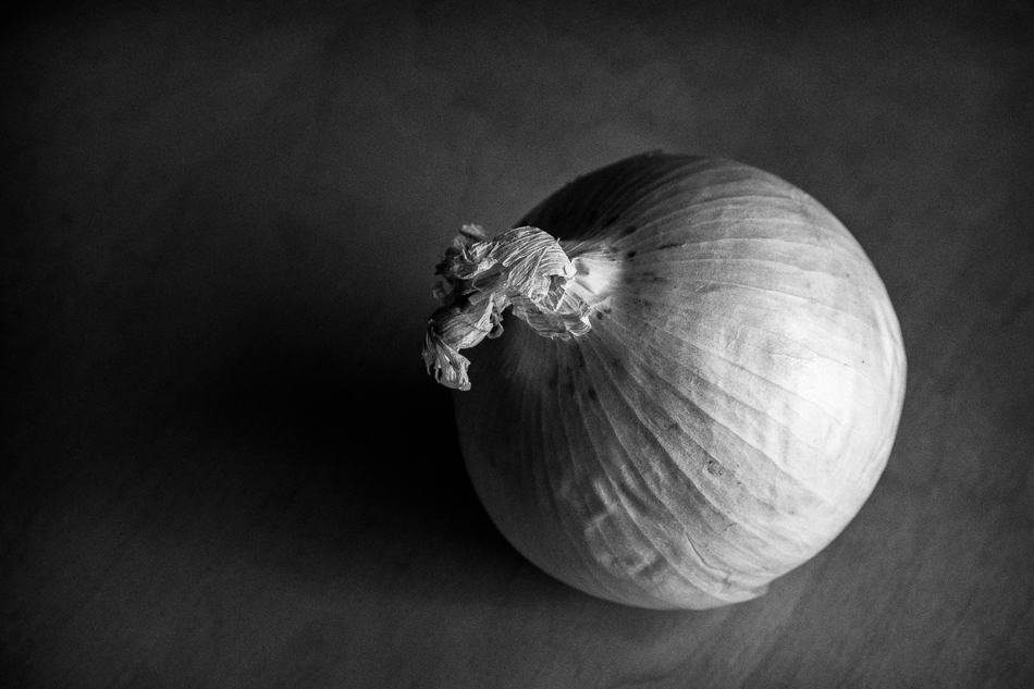Black and white still life photo of a white onion
