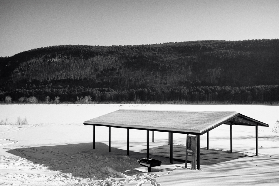 Black and white photo of the picnic area at the Surry Mountain Recreation Area, Surry, NH
