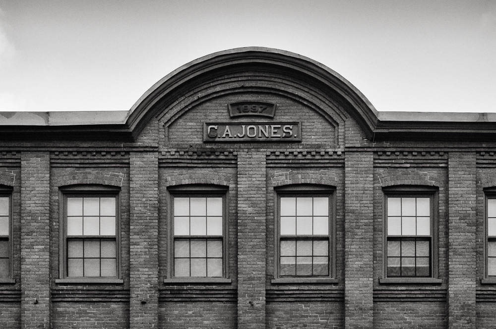 Black and white detail photo of the C.A. Jones building in Keene, NH