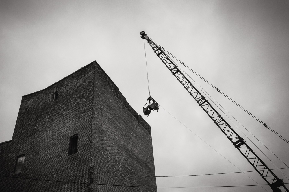 Black and white photo of the Latchis Theater demolition in Keene, NH