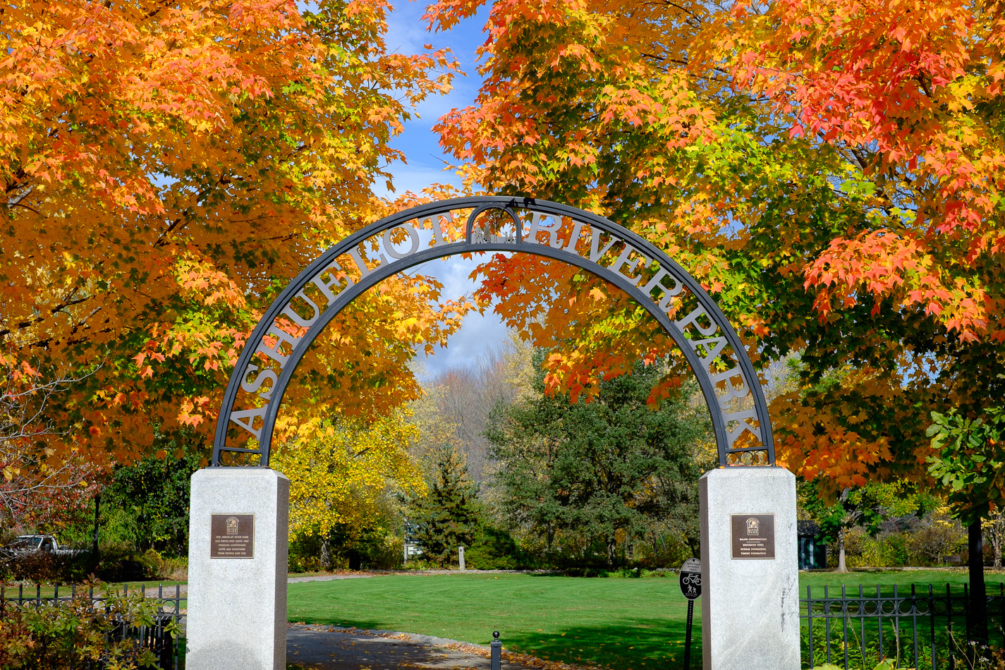 Color photo of Autumn foliage at the entrance of the Ashuelot River Park in Keene, NH