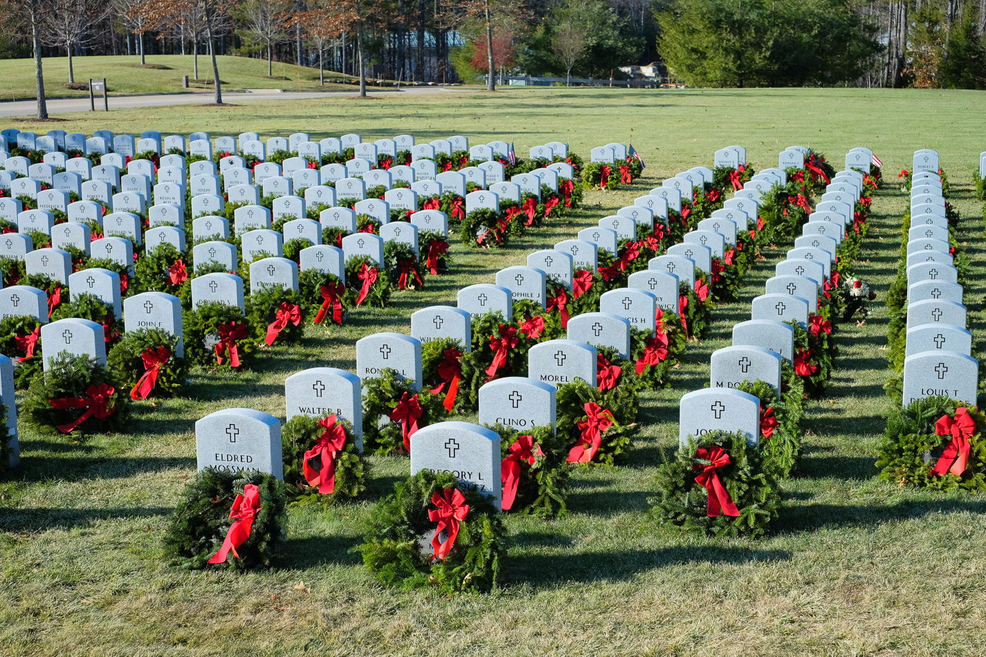 Holiday wreaths at the Massachusetts Veterans Cemetary, Winchendon, MA