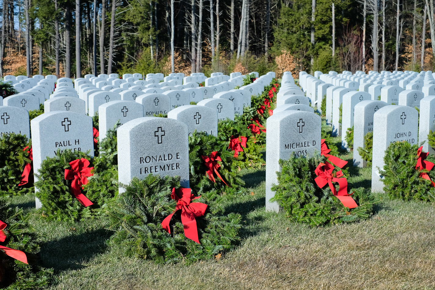 Holiday wreaths at the Massachusetts Veterans Cemetary, Winchendon, MA