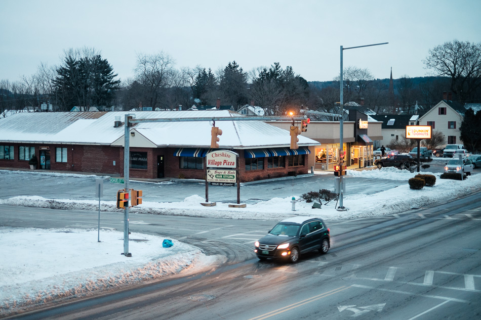 Color photo of an intersection in Keene, NH