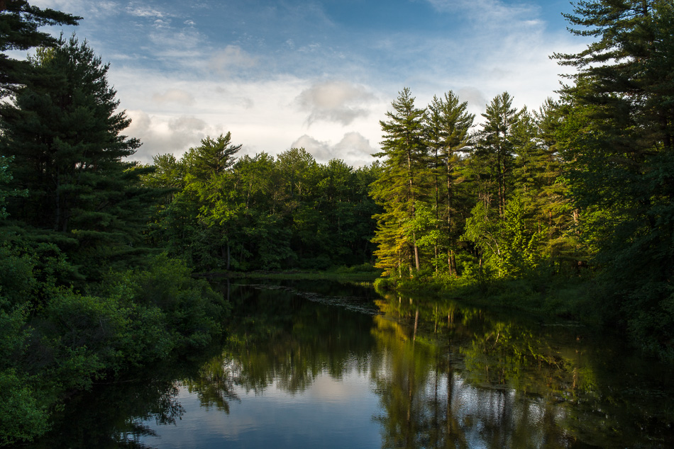 Color photo taken from the North footbridge over the Ashuelot River in Keene, NH