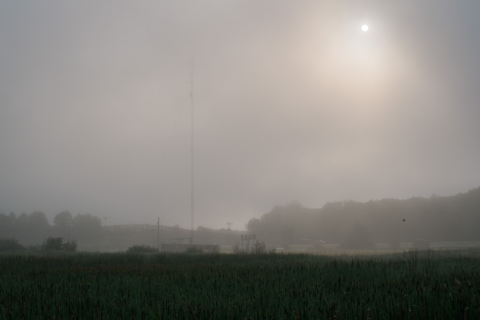 Color photo of fog surrounding the WKBK antenna in Keene, NH