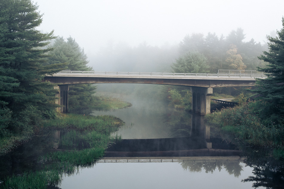 Fog shrouds the Route 9 bridge over the Ashuelot River in Keene, NH